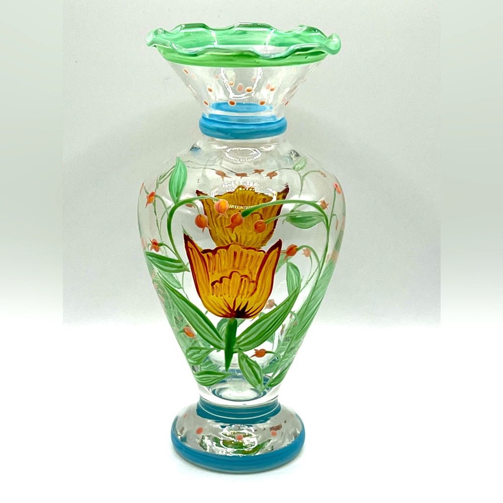 VTG Tracy Porter Hand Painted Glass Flower Vase Ruffled Rim Yellow Tulip 6.5 in
